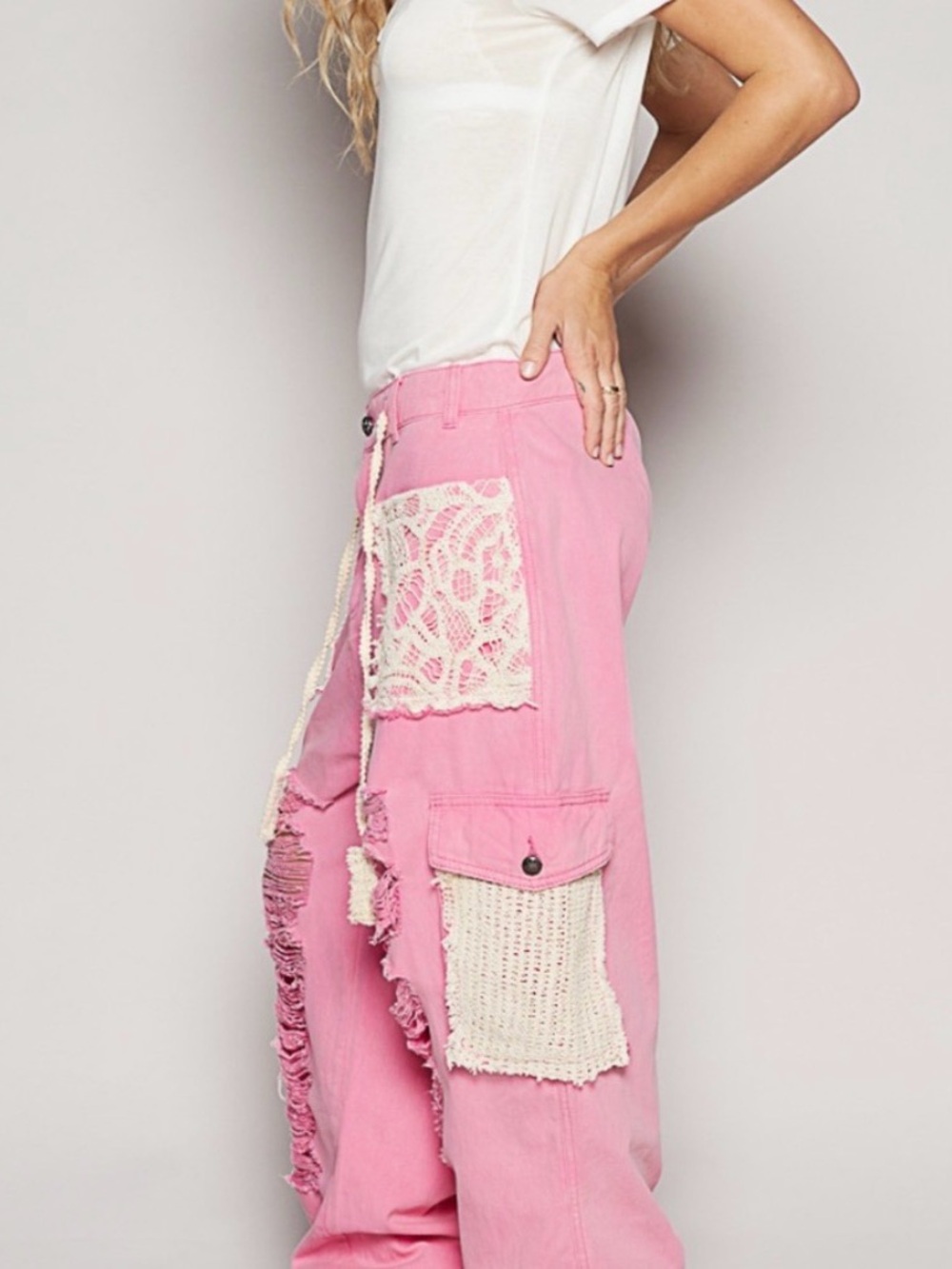 #1379 POL Pink Distressed Cargo Track Pants with Crochet Pockets - Picture 13 of 14